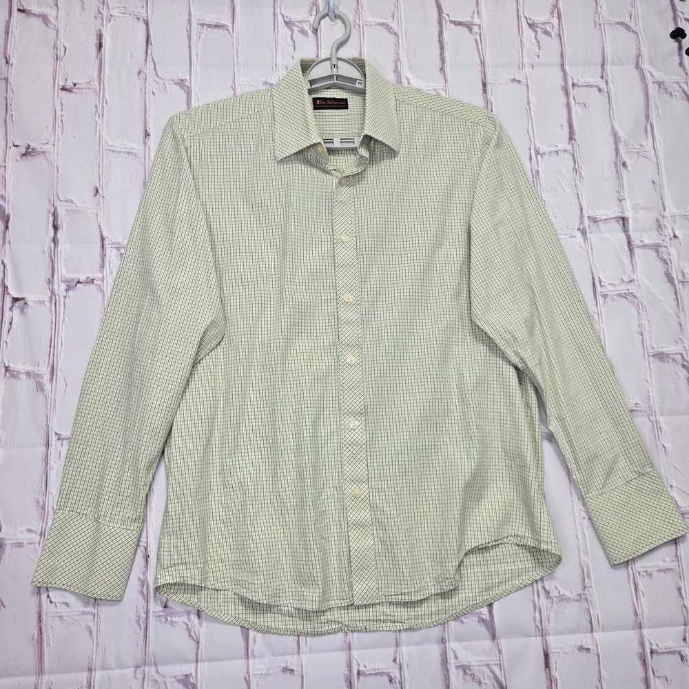 Ben Sherman Button Down Green Micro Check Cotton Casual Dress Shirt Mens Medium